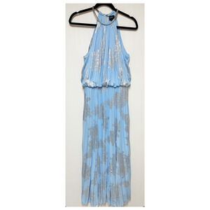 MSK Womens Pleated Halter Maxi Gown Dress Blue Silver Sleeveless 12